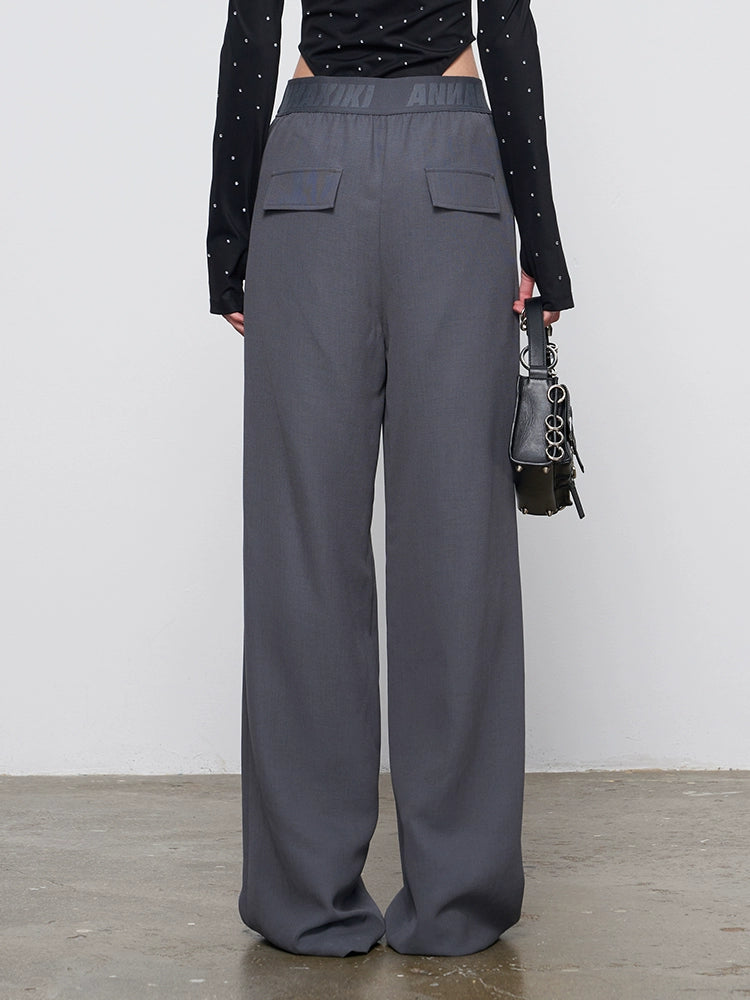 ANNAKIKI Gray Logo Web Elasticated Waist Straight Pants-FUYUKO