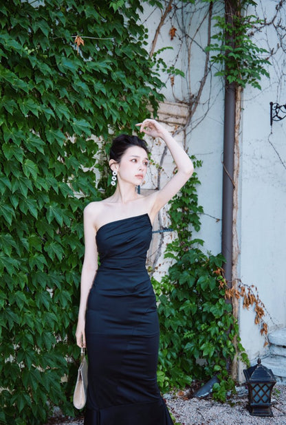 DOLLY Luxury Black Retro Chest Wrap Sleeveless Pleated Slim Fit Mermaid Dinner Dress-IVORY