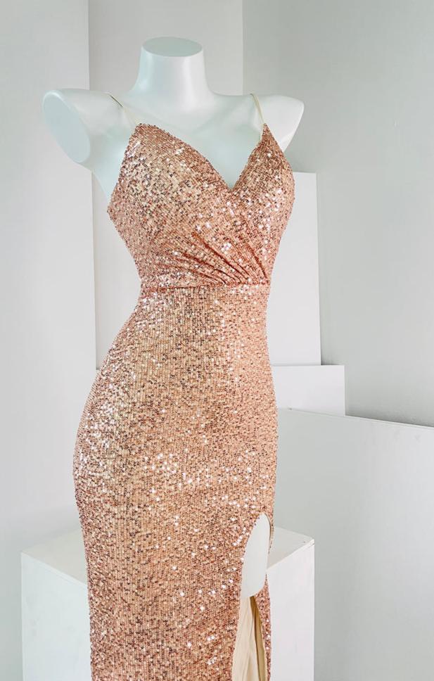 DOLLY Elegant Sleeveless V-Neck Sequin Slim Fit Slit Long Fishtail Cocktail Dress-ERIKA