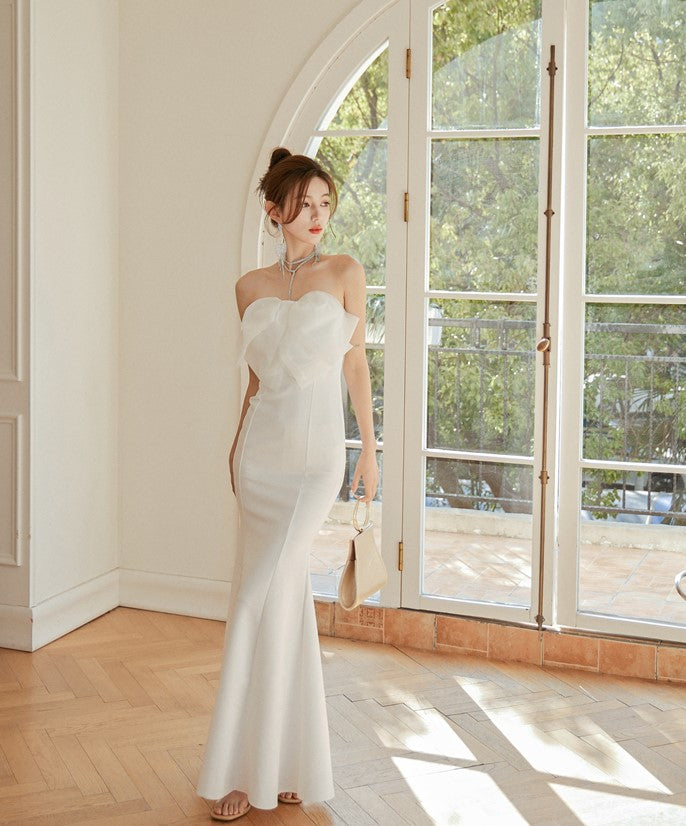 DOLLY Elegant White French Style Big Bow Long Fish Tail Cocktail Dress-FREYA