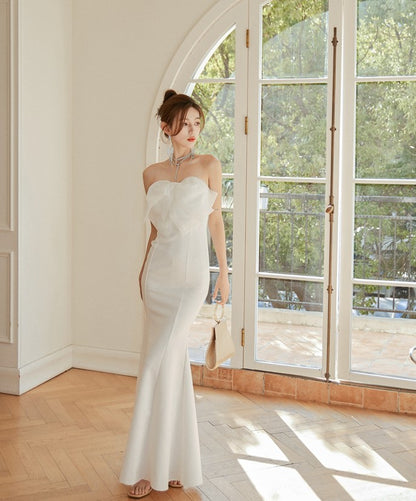 DOLLY Elegant White French Style Big Bow Long Fish Tail Cocktail Dress-FREYA