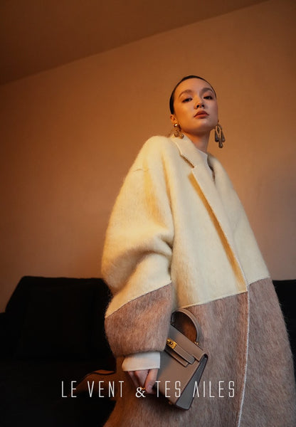 LE VENT&TES AILES French luxury fine long color-block wool coat -ALEC.