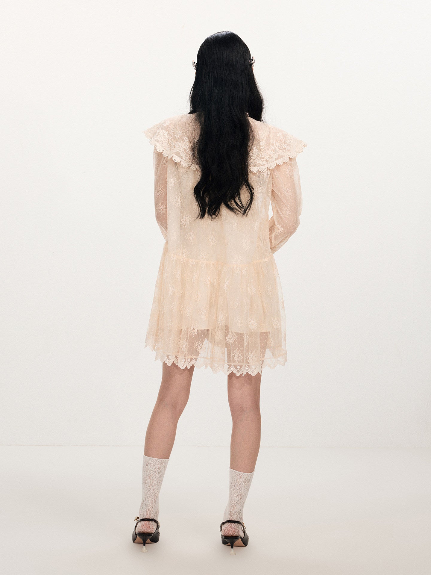 FAME V-Neck Embroidered Lace Shawl Neck Short Dress - JADE.