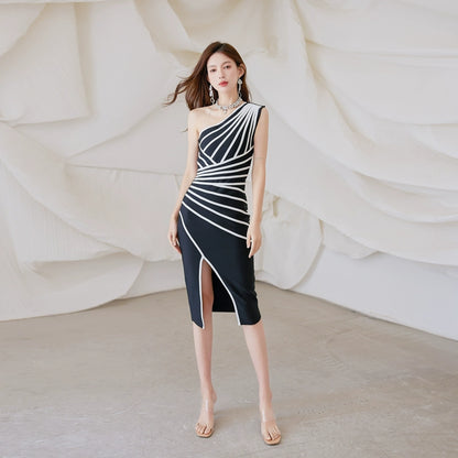 DOLLY Elegant One Shoulder Sleeveless Stripped Slim Fit Slit Dinner Dress-ZEN