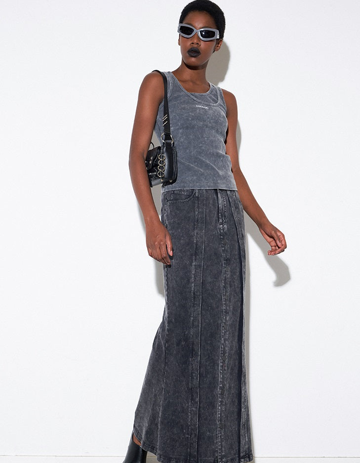 ANNAKIK autumn niche designer gray black two-piece denim skirt-NAYUTA