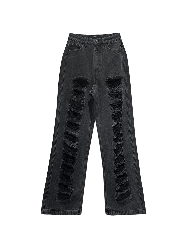 ANNAKIKI  Designer Women's Niche Black Ripped Distressed Jeans Wide-leg Pants-SPIKE