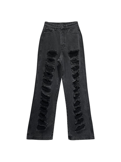ANNAKIKI  Designer Women's Niche Black Ripped Distressed Jeans Wide-leg Pants-SPIKE