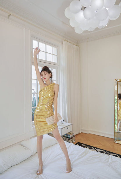 DOLLY Gold Slant Collar Off Shoulder Pleated Body Hug Midi Dinner Dress-AURELIA