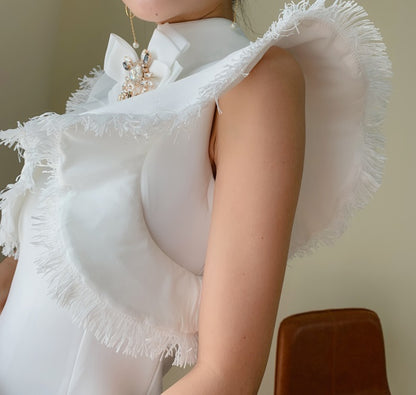 DOLLY Elegant White/Black Stand Collar Short Sleeve Slim Fit Short Fringe Dress-FRIYA