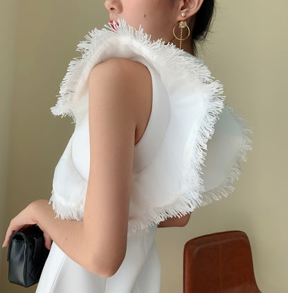 DOLLY Elegant White/Black Stand Collar Short Sleeve Slim Fit Short Fringe Dress-FRIYA