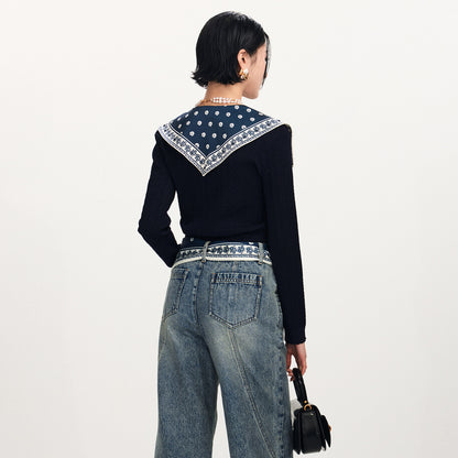 FAME Beaded Printed Silk Scarf Shawl Knitted Cardigan Top - BRONSON