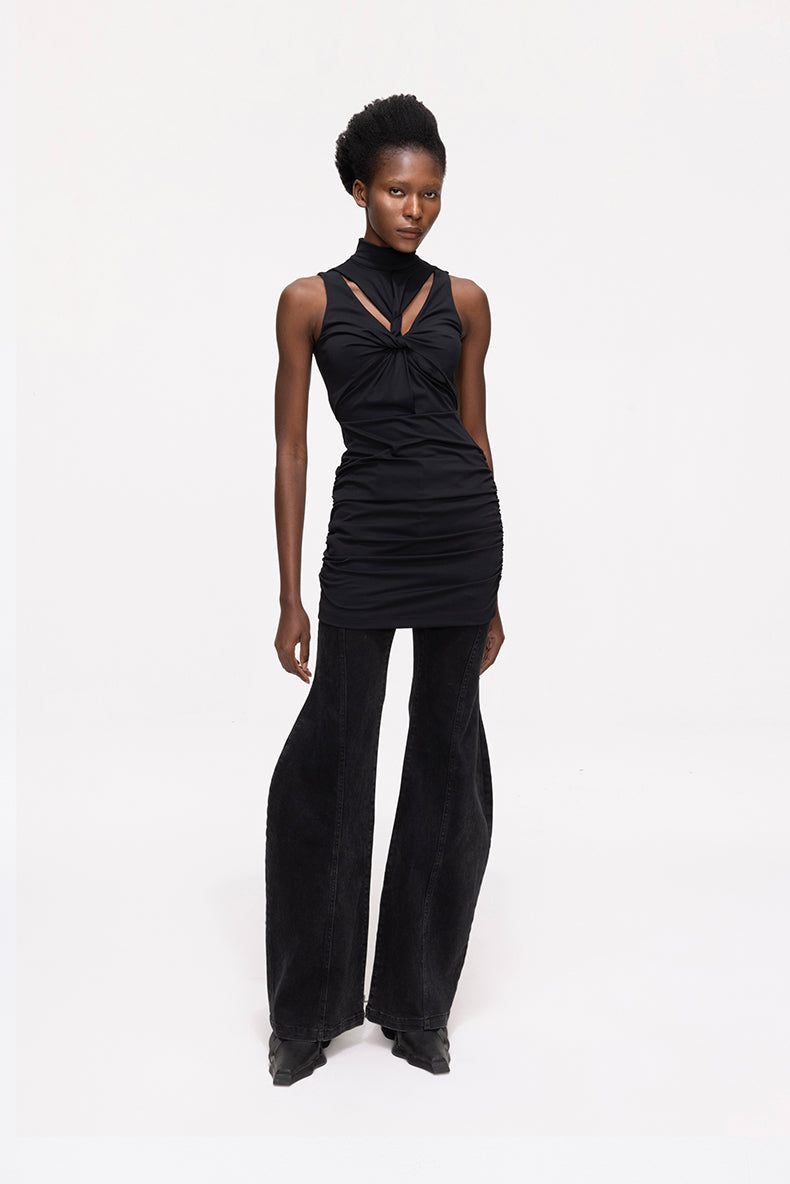 ANNAKIKI niche black kink pleated cut-out sexy dress-GENKO