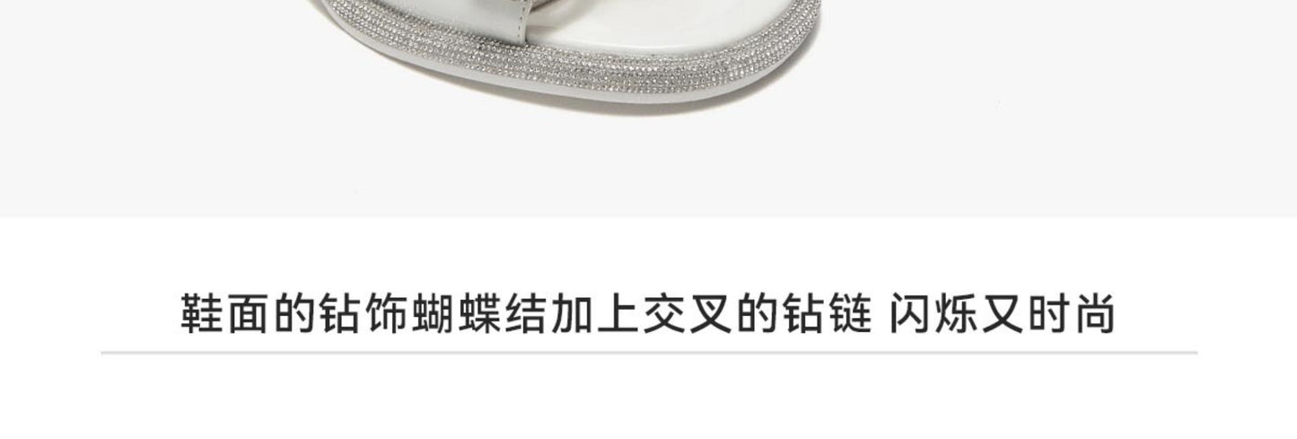 SHOESZOOO Straight Line Rhinestone Thick Heeled Sandals with Bow - GRIT.