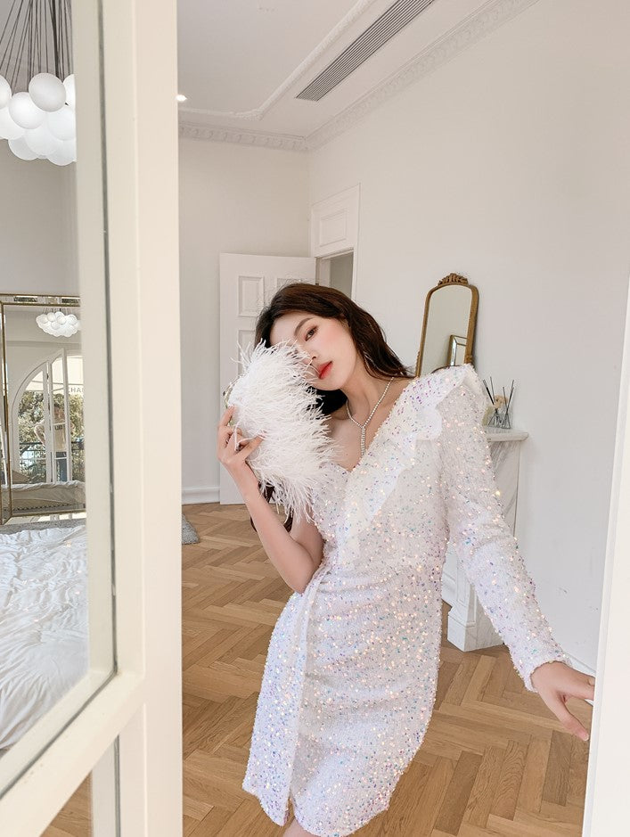 DOLLY Luxury White Sequined Slant Collar Off Shoulder Long Sleeve Dinner Dress-KAKA