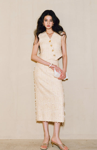 WANGXO | Yaluxe Custom \Pull Wool  Multi-Yarn Woven Vest, Shorts & Skirt Set -RINA