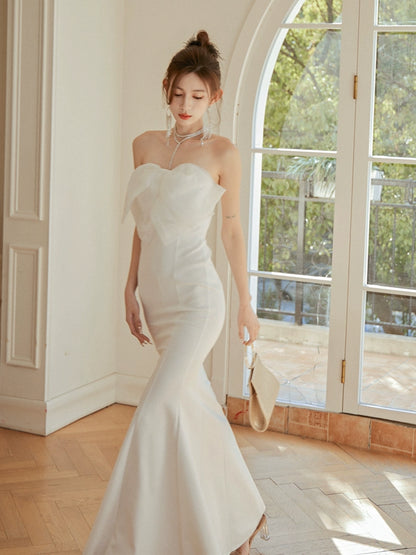 DOLLY Elegant White French Style Big Bow Long Fish Tail Cocktail Dress-FREYA