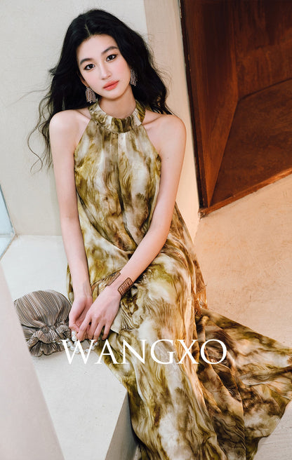 WANGXO | Satin Jacquard Beaded Tassel Halterneck Dress -LUMI.