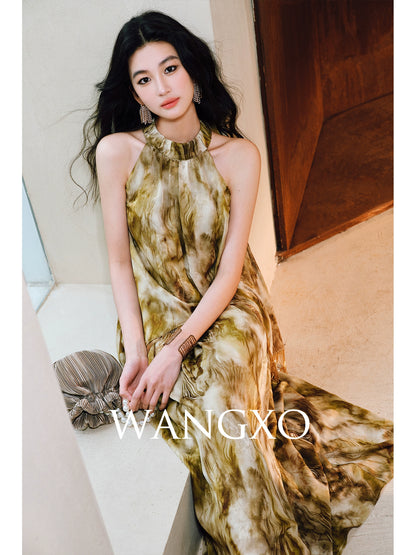 WANGXO | Oil Painting-Inspired Satin Jacquard  Beaded Tassel French-Italian Romantic Shaved Shoulder Halterneck Dress -LUMI