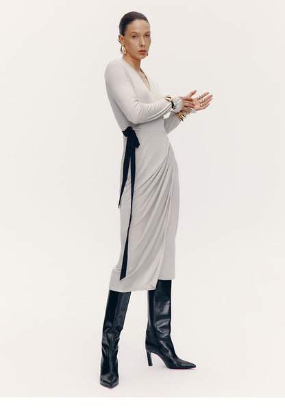 ATELIER MISS LU [Ferrar Pleated Light] Lace-up Soft Knit Wrap Dress -BWEST