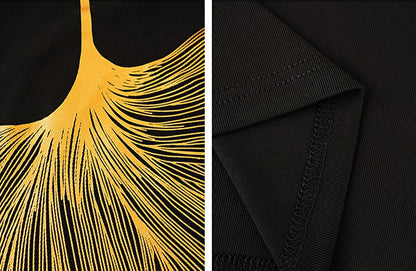 HECO Chinese Style Elegant Swing Neck Sleeveless Ginkgo Biloba Print T-Shirt - BOBA.