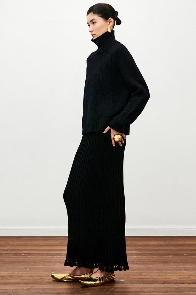 ZHUCHONGYUN sheep wool knitted tassel black textured skirt-NUNA.