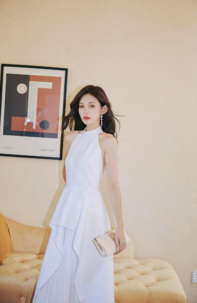 DOLLY High End White/Black Sleeveless Ruffled Halter Neck Top+ Pleated Skirt-SOLANGE