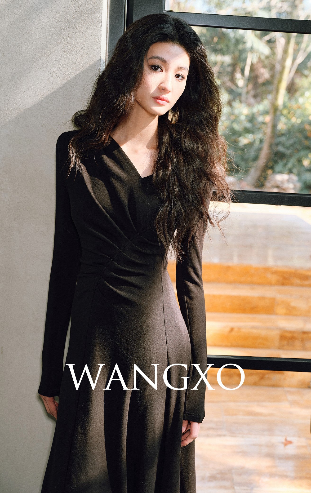 WANGXO | Knitted Fabric Sculptural Pleats Overlapping V-Neck Slim A-Hem Dress-NORA.