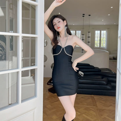 DOLLY High End Sleeveless Rhinestone Halter Neck Slim Fit Short Date Dress-