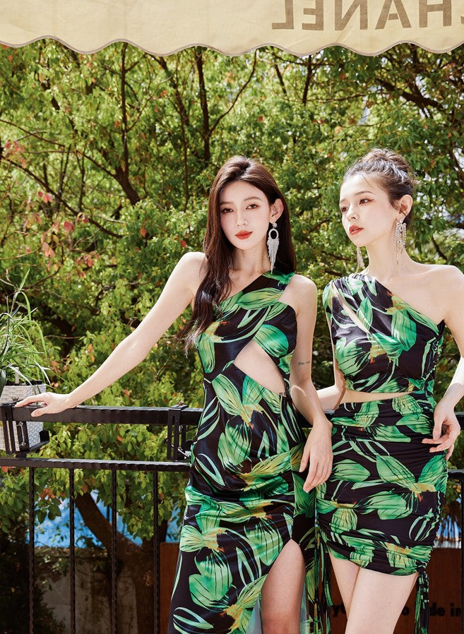 DOLLY High End Green Flower Print Sleeveless Off Shoulder Hip Wrap Pleated Dress-ISA