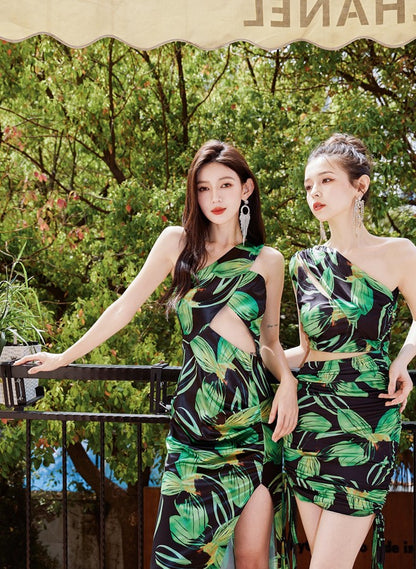 DOLLY High End Green Flower Print Sleeveless Off Shoulder Hip Wrap Pleated Dress-ISA