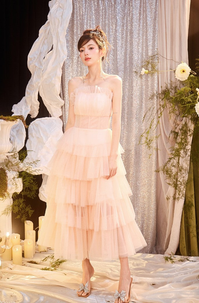 DOLLY Luxury Peach Pink French Style Tube Top Sleeveless High Waist Prom Dress-PEACHES