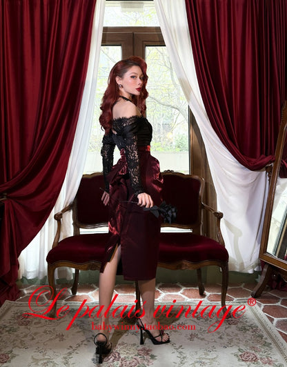 Le Palais Vintage  Red Fishbone Corset High Waisted Flower Bud Pencil Skirt-ALEC