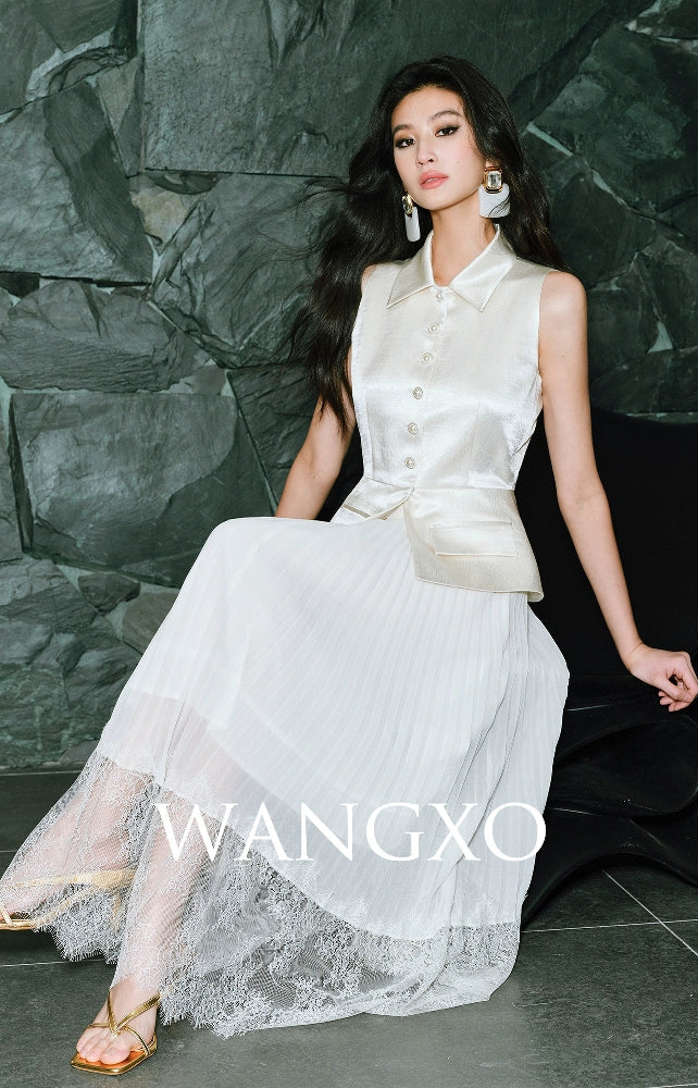 WANGXO | Faux Two-Piece Vest Suit & Romantic Pleated Gauze Skirt -THIA.