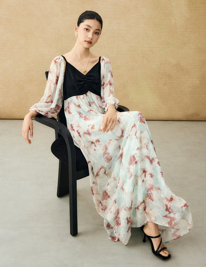 HECO Chinese V-neck camisole chiffon print long dress - BUSE.