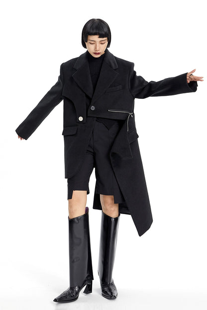 TINY IN Irregular Women's Black Woolen Coat Jacket - NARU