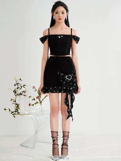 CHECOCRE Chic suspenders slim knitted jacquard top bow skirt - POSTED