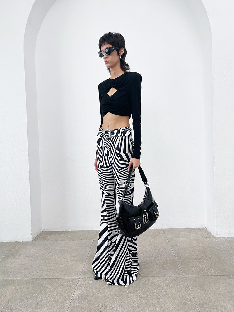 ANNAKIKI black and white contrasting special-shaped striped bootcut trousers for women-HIRANO