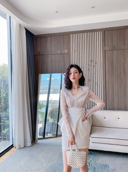 DOLLY Elegant White V-Neck Long Sleeve High Waist Peplum Short Date Dress-LOUIS