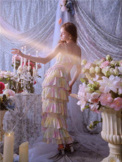 Wardrobes by Chen Elegant Sleeveless high low layered Long Multi Color Dress-Gainn