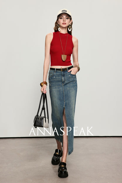 ANNASPEAK Denim long staple cotton slit skirt denim skirt-ISLE.