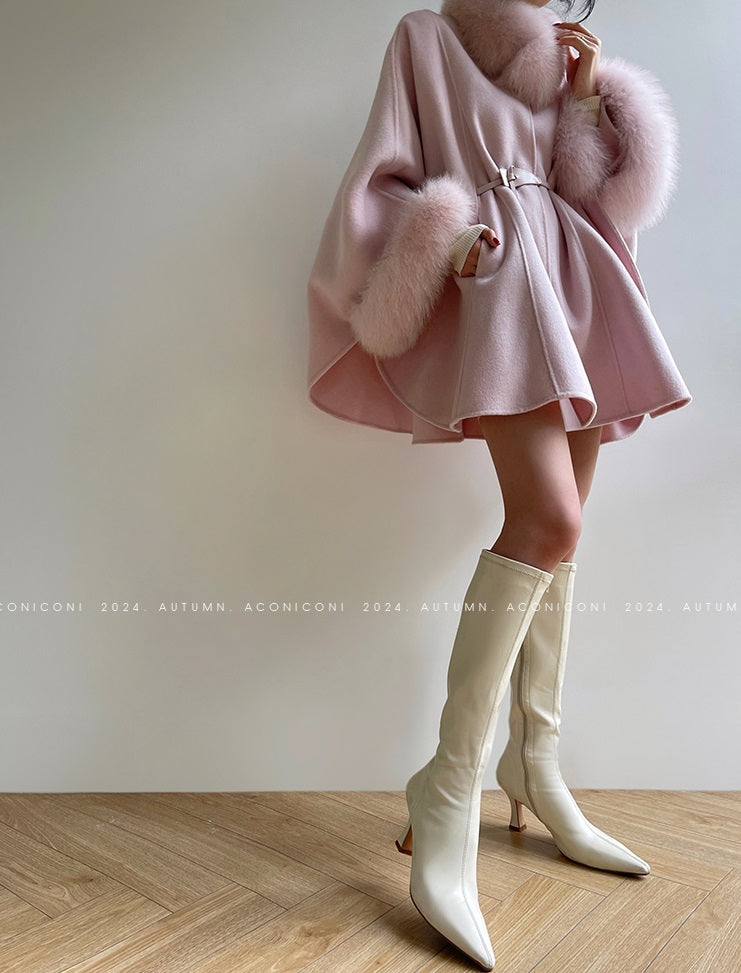 Aconiconi Winter pink wool cape fox fur sleeve double-sided coat-Sakura