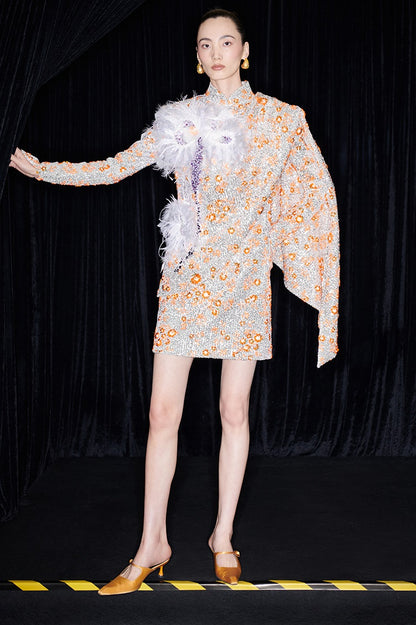 M essential Mackay designer vermilion embroidery iris ostrich feather bead dress - GINA.