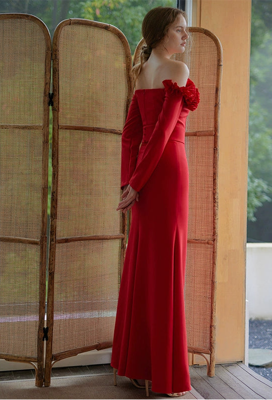 GOUDIN red off-shoulder long-sleeved evening dress-TOSIA.