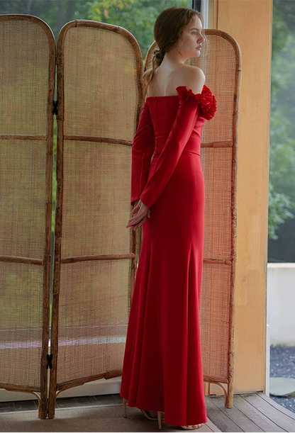 GOUDIN red off-shoulder long-sleeved evening dress-TOSIA.