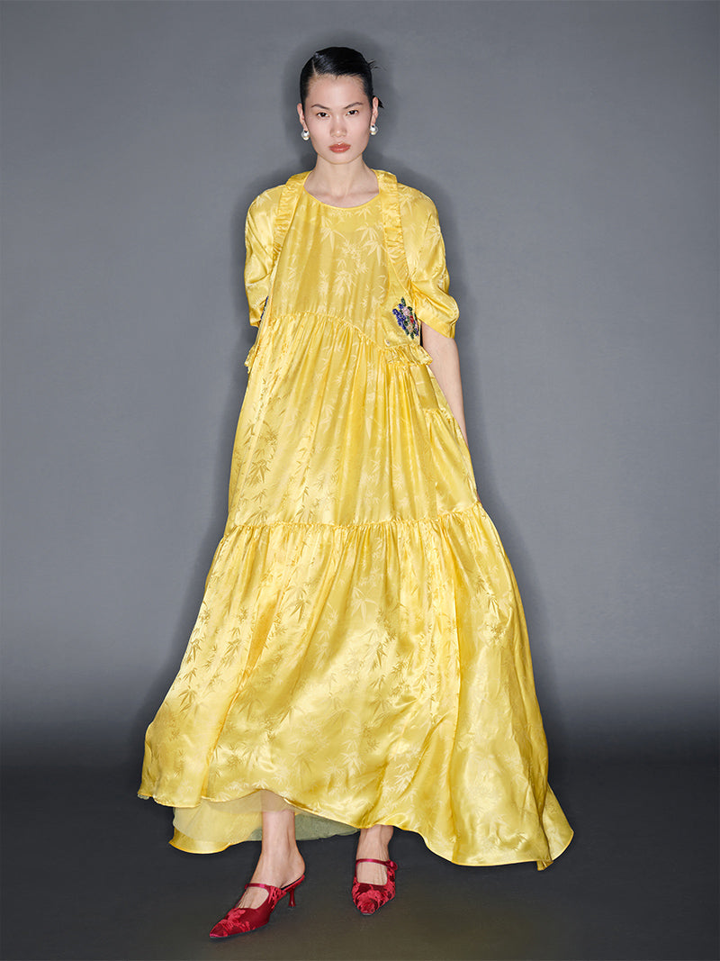 M essential Mackay designer Pine yellow jacquard short-sleeved tower fll dress- Abyn.