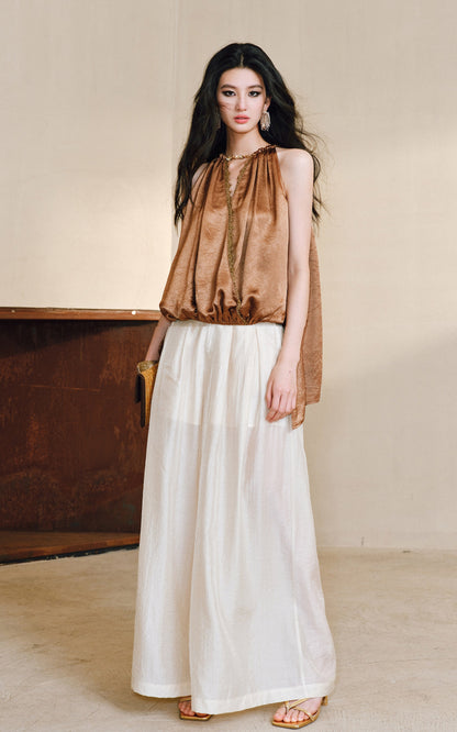 WANGXO| Acetate  Lace-Trimmed Metal Chain Halterneck V-Neck Pleated Top -AYRA.