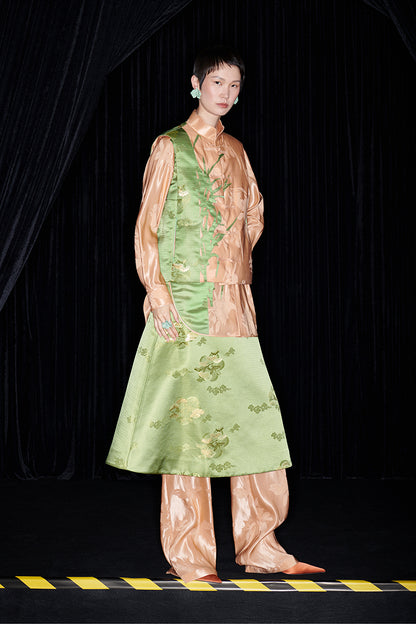 M essential Mackay's designer orchid puffer gilet shirt skirt Pant set - three.