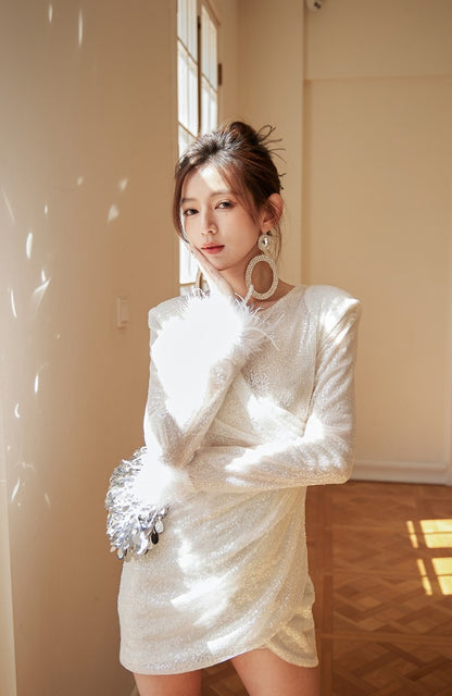 DOLLY Elegant White Crew Neck Long Sleeve Short Sequin Sexy Birthday Dress-LAYLA