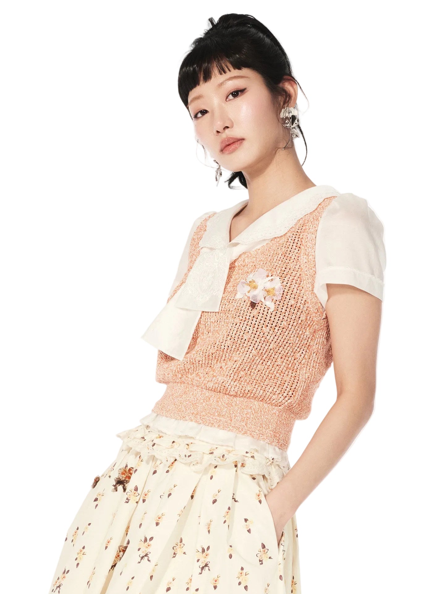 FAME Beaded Patchwork Lace Fake Two Knitted Short Sleeve Top - ETHAN