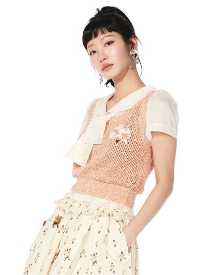FAME Beaded Patchwork Lace Fake Two Knitted Short Sleeve Top - ETHAN